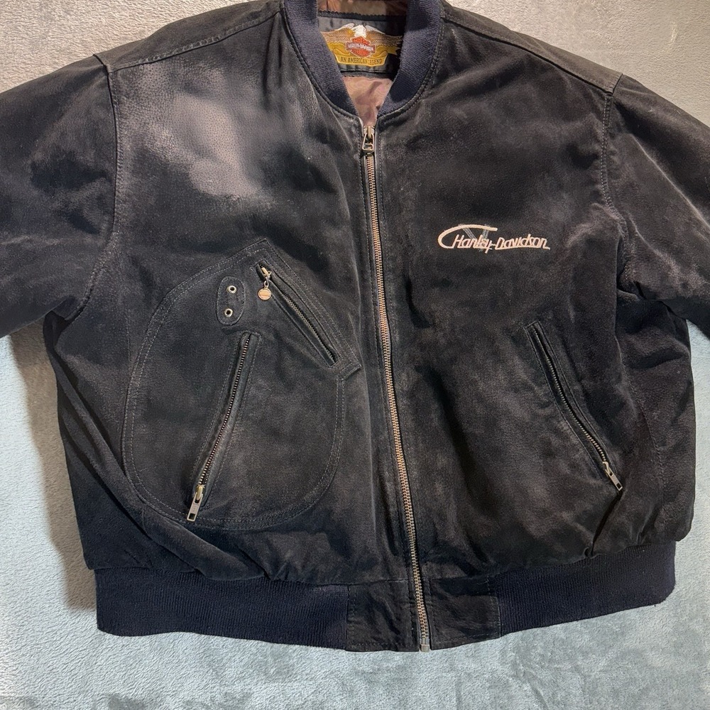 Harley-Davidson Suede Bomber Jacket V-Twin Power Patch Black XXL Vintage - Picture 4 of 16